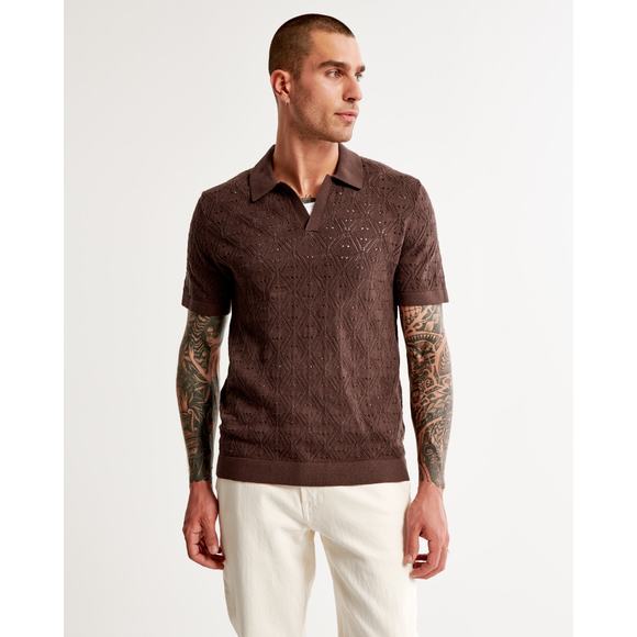 Abercrombie Fitch Crochet Johnny Collar Sweater Polo - M - Dark Brown - Picture 1 of 5